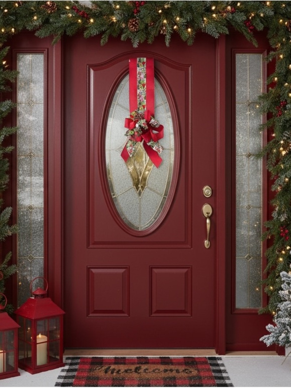 Festive Red Holiday Door swag Bow Decorative Front Door Accent